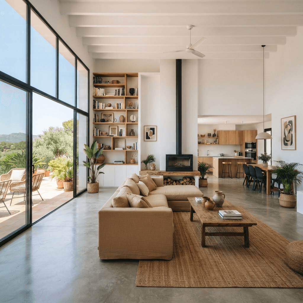 Salón de planta abierta con terraza